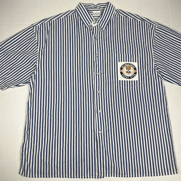 VTG 80s 90s Shore Club Blue Stripe Beach Short Sleeve Button Down Shirt Men L ?? - Picture 1 of 8